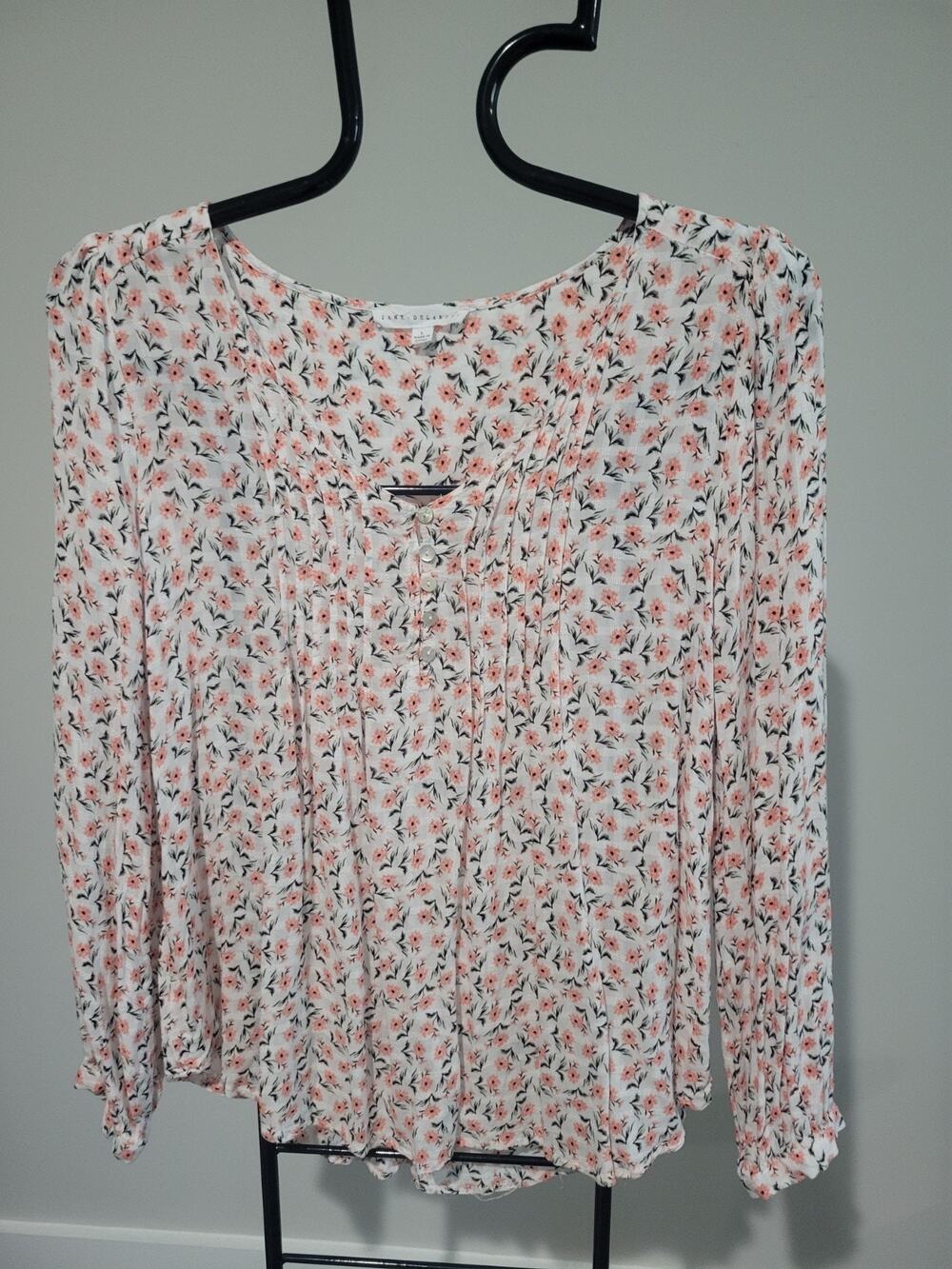 Jane + Delancey Size L Pink & White Floral Rayon Blouse Lightweight Soft EUC